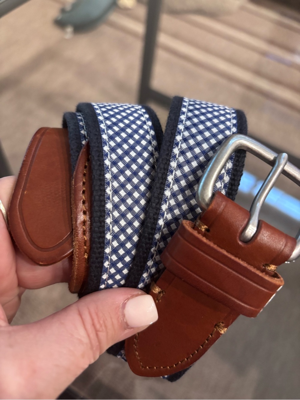 J. Crew Navy and White Gingham Fabric Belt with Brown Leather Accents